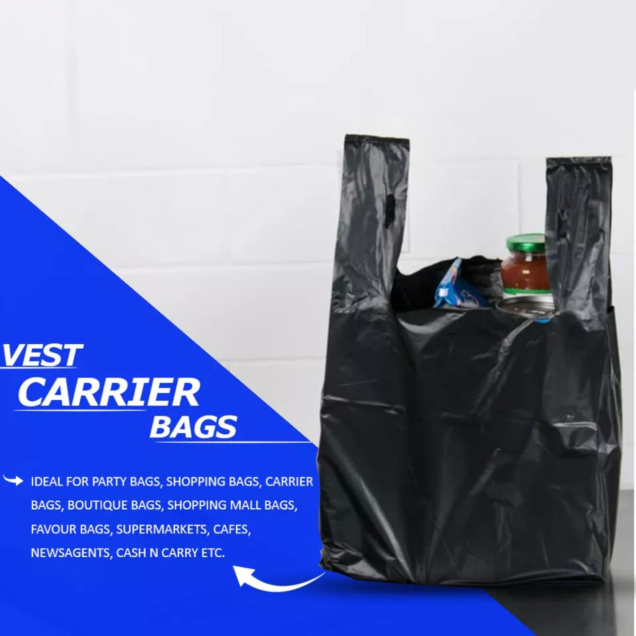 Your Discounted - 1000 Black Plastic Vest Carrier Bags for Grocery’s Material: HDPE Size: 24.5*44*12 cm